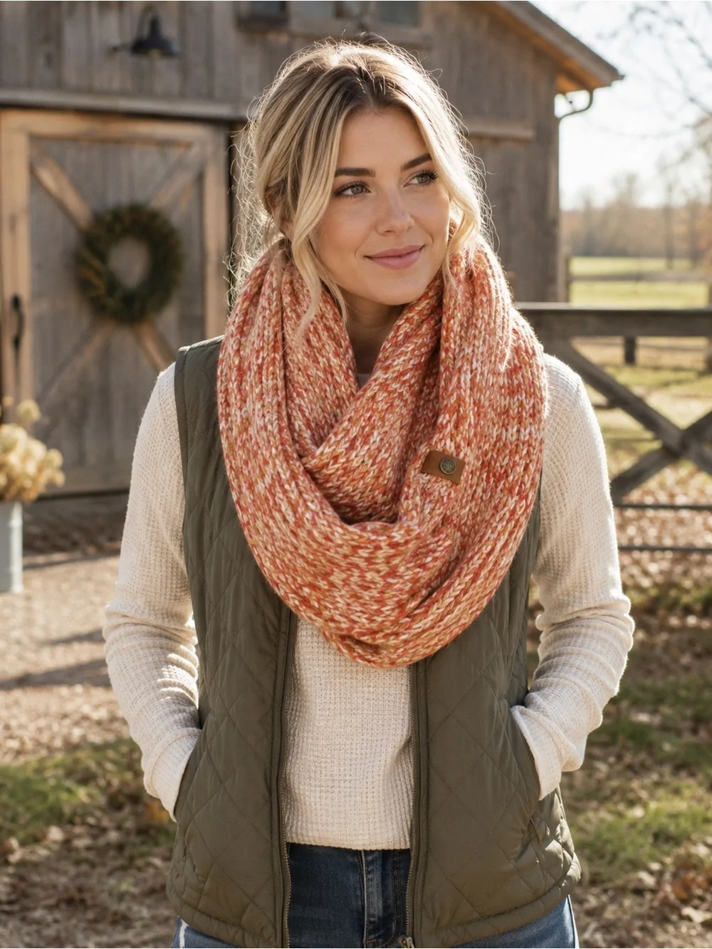 NWT Frye & Co Orange Tan Cream Knit Infinity Scarf Cozy Winter Wrap OS